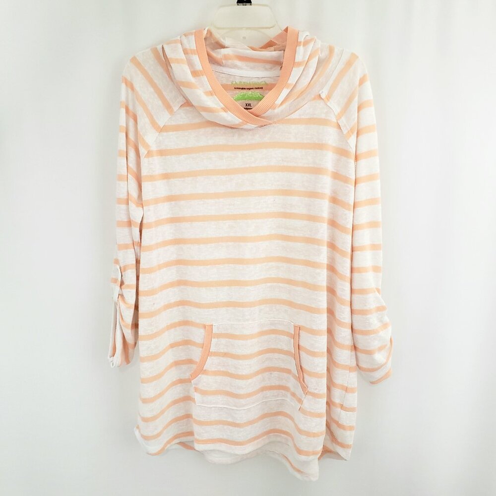 Earth Yoga Pullover Hoodie XXL Stripe White Peach Roll-Tab Sleeve Organic Cotton